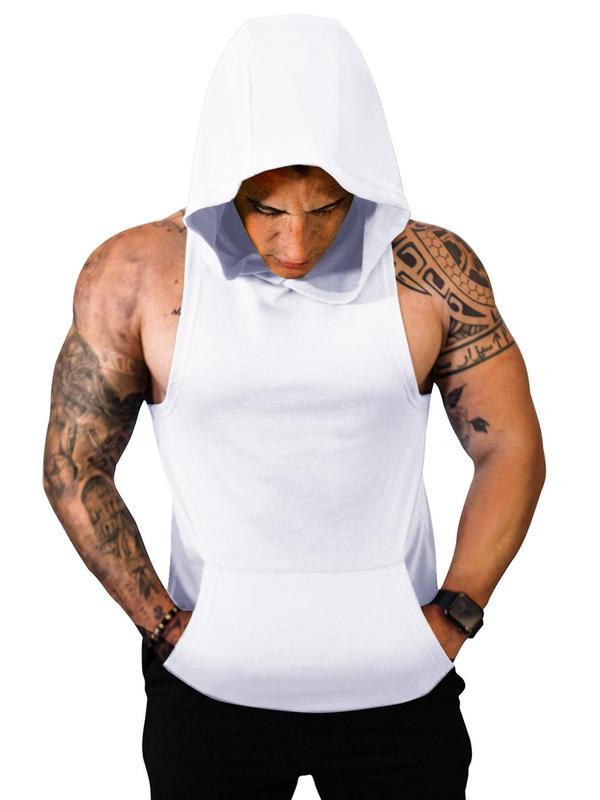 Men's Solid Kangaroo Pocket Hooded Sports Vest, Regular Fit Sporty Sleeveless Hooded Tank Top for Gym Workout, Summer Outfits 2024, Running Vest, Men's Sport & Outdoor Clothing for All Seasons, Gym Clothes for Men