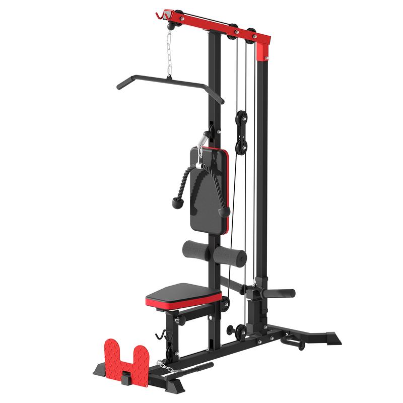 LAT Tower, LAT Pull Down and LAT Row Cable Machine with Flip-Up Footplate, High and Low Pulley Station with AB Crunch Harness, Home Gym Back Exercise Weight Machine