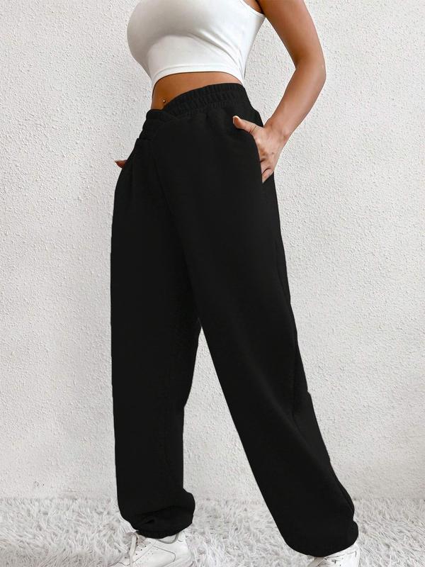 Women's Solid Elastic Waist Jogger Pants, Casual Comfy Pocket Sweatpants for Daily Wear, Ladies Bottoms for All Seasons