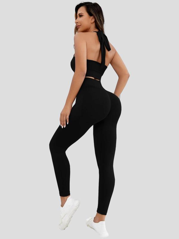 Two-Piece Set Women's Solid Backless Halter Top & High Waist Leggings Tracksuit Set, Sporty Casual Breathable Seamless Outfits for Yoga Gym, Women Tracksuits for Summer