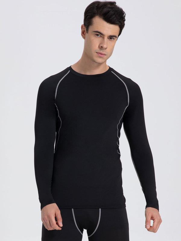 Men's Contrast Binding Round Neck Sports Tee, Hight Stretch Quick Drying Long Sleeve Compression Top for Gym Workout Running,  Workout Tops,  Sport & Outdoor Clothing for All Seasons