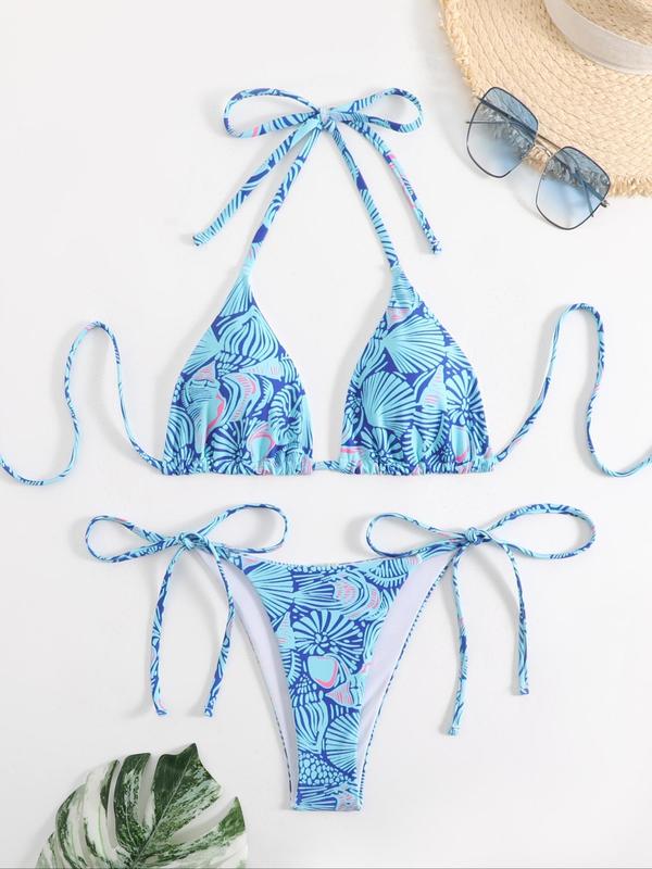 Two-Piece Set Women's Plants Print Tie Back Bikinis for Summer 2024, Halter Triangle Bikini Top & Tie Side Swim Bottom, Bathing Suits, Summer Swimsuit Sets,