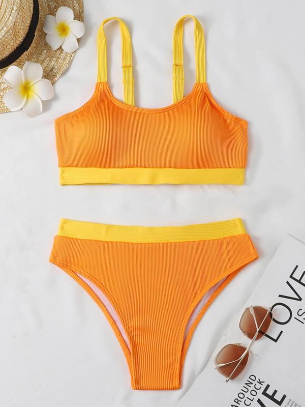 Two-Piece Set Women's 2pcs Boho Colorblock Wireless Bikini Set, Sleeveless Straps Swim Top & Panty Swimsuit for Beach Holiday Vacation, Ladies Summer Clothes