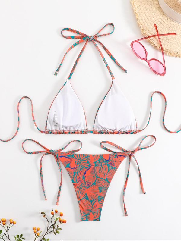 Two-Piece Set Women's Plants Print Tie Back Bikinis for Summer 2024, Halter Triangle Bikini Top & Tie Side Swim Bottom, Bathing Suits, Summer Swimsuit Sets,