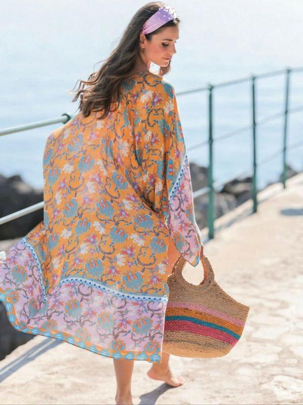 Women's Ethnic Pattern Print Kimono Sleeve Cover Up Top, Boho Style 3 4 Length Sleeve Open Front Cover Up for Beach Holiday Vacation, Ladies Summer Clothes