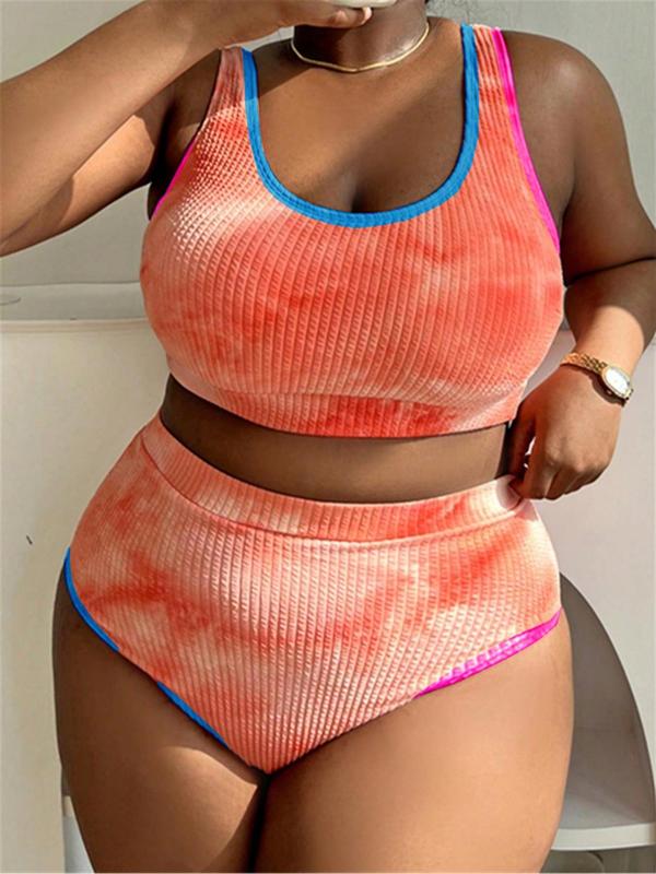  Two-piece Set Women's Tie Dye Print Contrast Binding Tankinis Set, Chic U Neck Swim Top & High Waist Swim Bottom, Swimsuit for Women, Bathing Suits Women, Lady Curve Swimwear, Swimwear