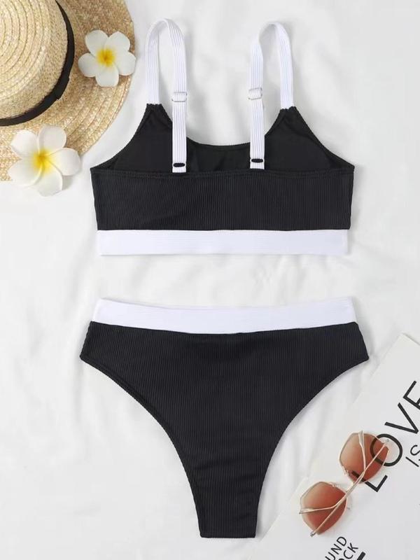 Two-Piece Set Women's 2pcs Boho Colorblock Wireless Bikini Set, Sleeveless Straps Swim Top & Panty Swimsuit for Beach Holiday Vacation, Ladies Summer Clothes