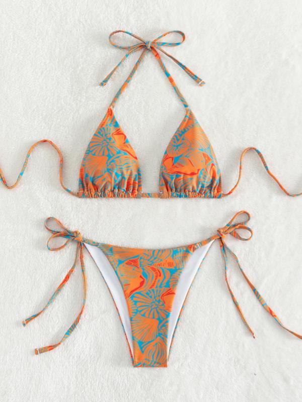 Women's Floral Print Tie Back Bikini Set, Boho Halter Neck Triangle Swim Top & Tie Side Swim Bottom, Summer Beach Swimsuit for Women