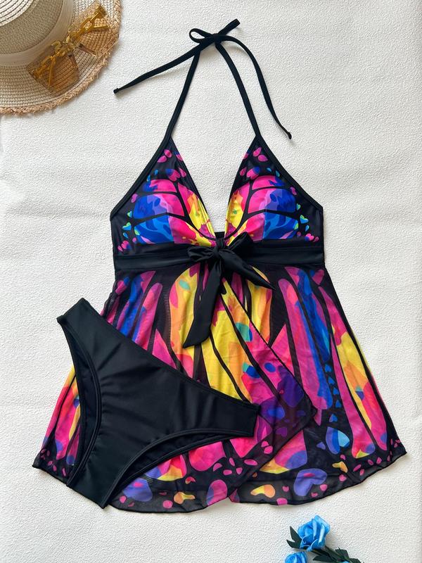 Two-Piece Set Women's Butterfly Print Halter Tankini Set, Backless Knot Front Swim Top & High Cut Swim Bottom, Ladies Summer Swimwear for Beach Holiday Vacation