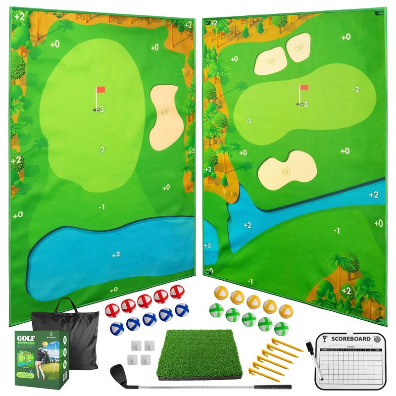 SuiMono Golf Chipping Game - Dual-Sided Golf Mat, Realistic Golf Course Design & Scoring System, Includes Adjustable Length Club - Thick Grass-Like Golf Mat for Indoor Outdoor Family Mini Golf Course