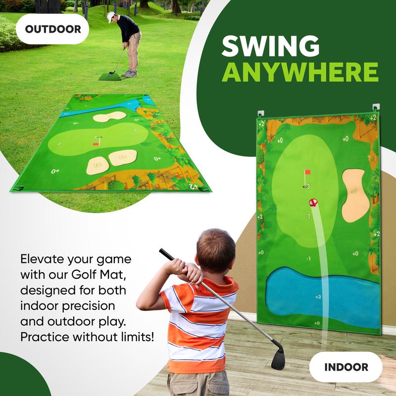 SuiMono Golf Chipping Game - Dual-Sided Golf Mat, Realistic Golf Course Design & Scoring System, Includes Adjustable Length Club - Thick Grass-Like Golf Mat for Indoor Outdoor Family Mini Golf Course