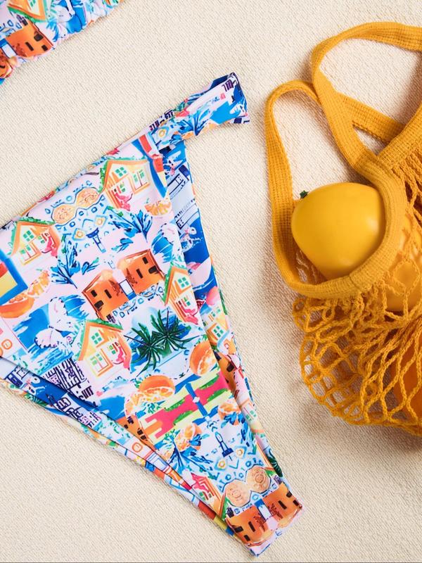 Two-Piece Set Women's Cartoon Print Bikini Set, Boho Triangle Swim Bra & Swim Thong Swimsuit Sets, Bathing Suits 2024 for Women Summer, Back-to-School Clothing, Ladies Swimwear for Beach Holiday Vacation