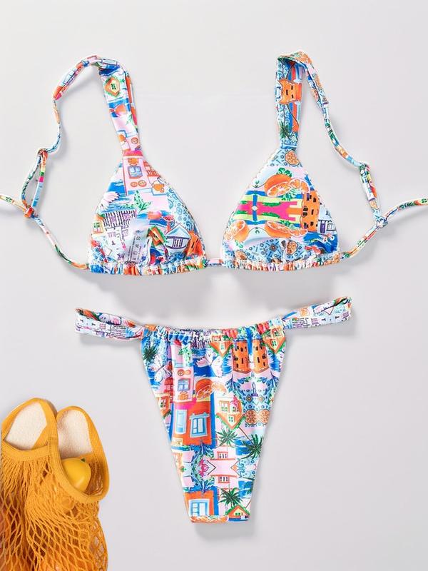 Two-Piece Set Women's Cartoon Print Bikini Set, Boho Triangle Swim Bra & Swim Thong Swimsuit Sets, Bathing Suits 2024 for Women Summer, Back-to-School Clothing, Ladies Swimwear for Beach Holiday Vacation