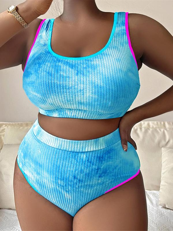  Two-piece Set Women's Tie Dye Print Contrast Binding Tankinis Set, Chic U Neck Swim Top & High Waist Swim Bottom, Swimsuit for Women, Bathing Suits Women, Lady Curve Swimwear, Swimwear