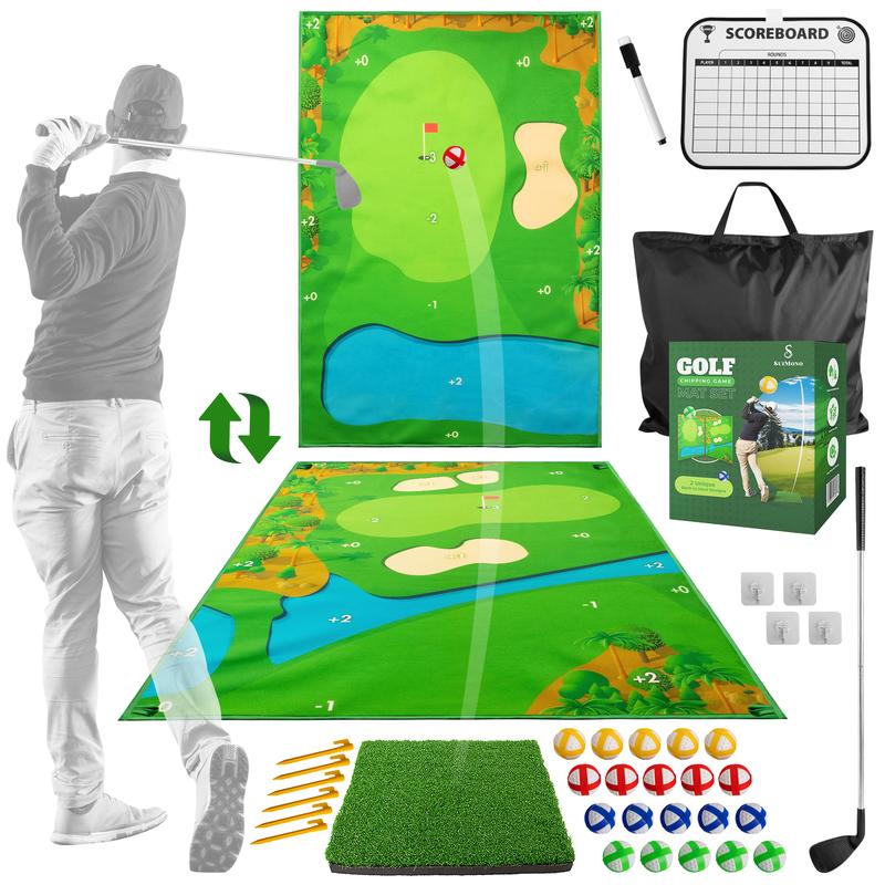 SuiMono Golf Chipping Game - Dual-Sided Golf Mat, Realistic Golf Course Design & Scoring System, Includes Adjustable Length Club - Thick Grass-Like Golf Mat for Indoor Outdoor Family Mini Golf Course