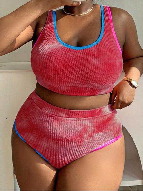  Two-piece Set Women's Tie Dye Print Contrast Binding Tankinis Set, Chic U Neck Swim Top & High Waist Swim Bottom, Swimsuit for Women, Bathing Suits Women, Lady Curve Swimwear, Swimwear