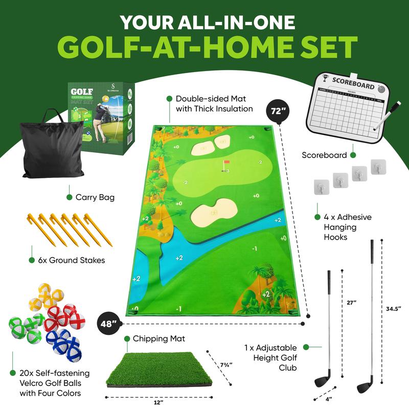 SuiMono Golf Chipping Game - Dual-Sided Golf Mat, Realistic Golf Course Design & Scoring System, Includes Adjustable Length Club - Thick Grass-Like Golf Mat for Indoor Outdoor Family Mini Golf Course