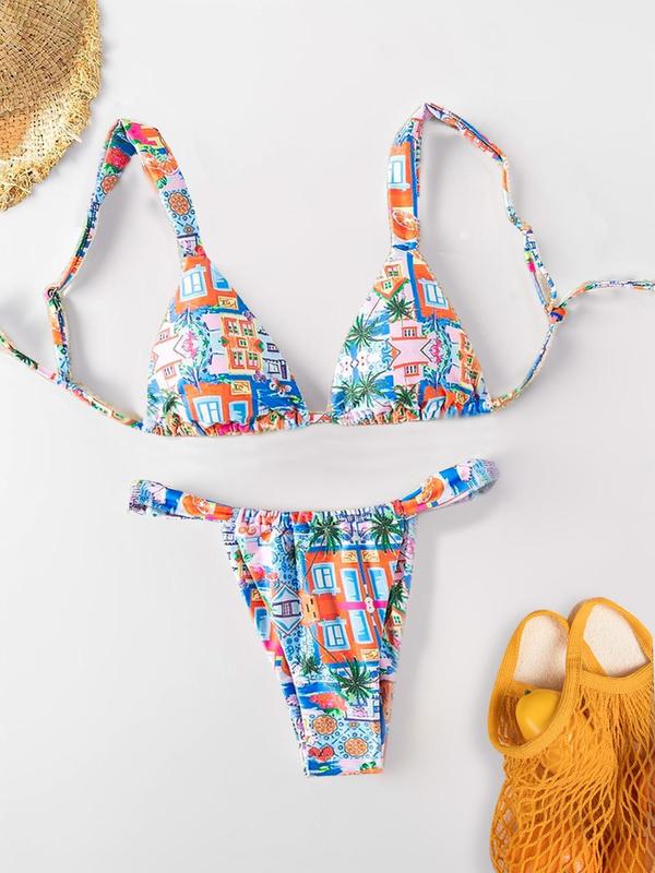 Two-Piece Set Women's Cartoon Print Bikini Set, Boho Triangle Swim Bra & Swim Thong Swimsuit Sets, Bathing Suits 2024 for Women Summer, Back-to-School Clothing, Ladies Swimwear for Beach Holiday Vacation