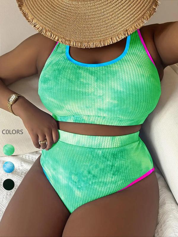  Two-piece Set Women's Tie Dye Print Contrast Binding Tankinis Set, Chic U Neck Swim Top & High Waist Swim Bottom, Swimsuit for Women, Bathing Suits Women, Lady Curve Swimwear, Swimwear