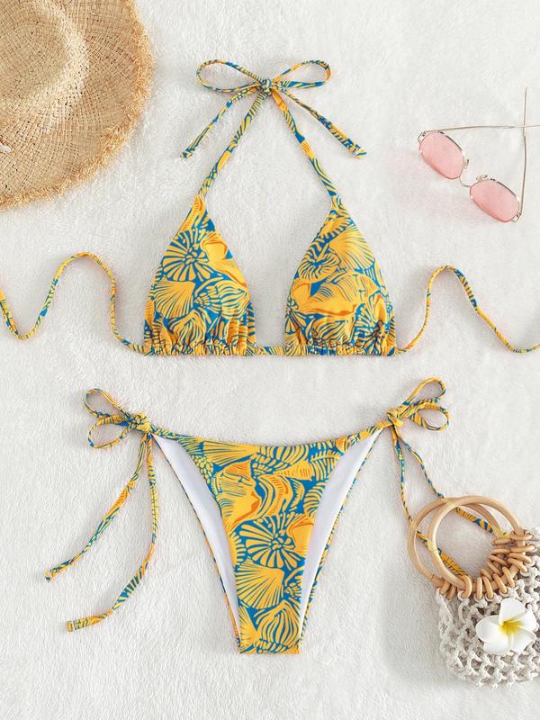 Two-Piece Set Women's Plants Print Tie Back Bikinis for Summer 2024, Halter Triangle Bikini Top & Tie Side Swim Bottom, Bathing Suits, Summer Swimsuit Sets,