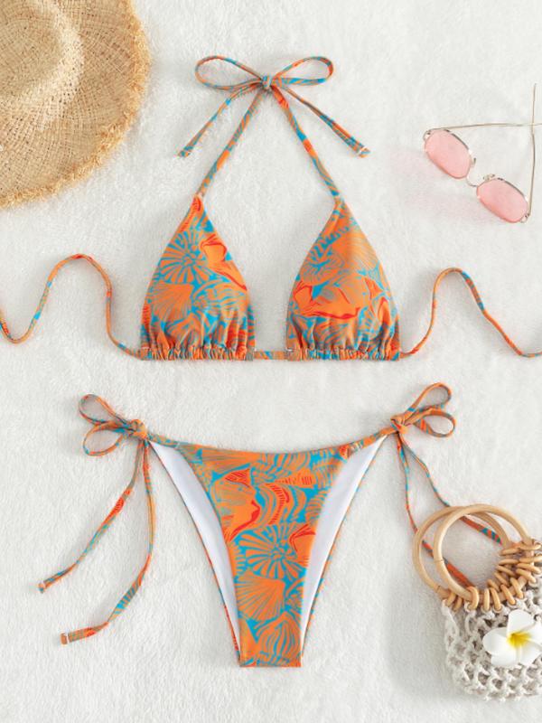 Women's Floral Print Tie Back Bikini Set, Boho Halter Neck Triangle Swim Top & Tie Side Swim Bottom, Summer Beach Swimsuit for Women