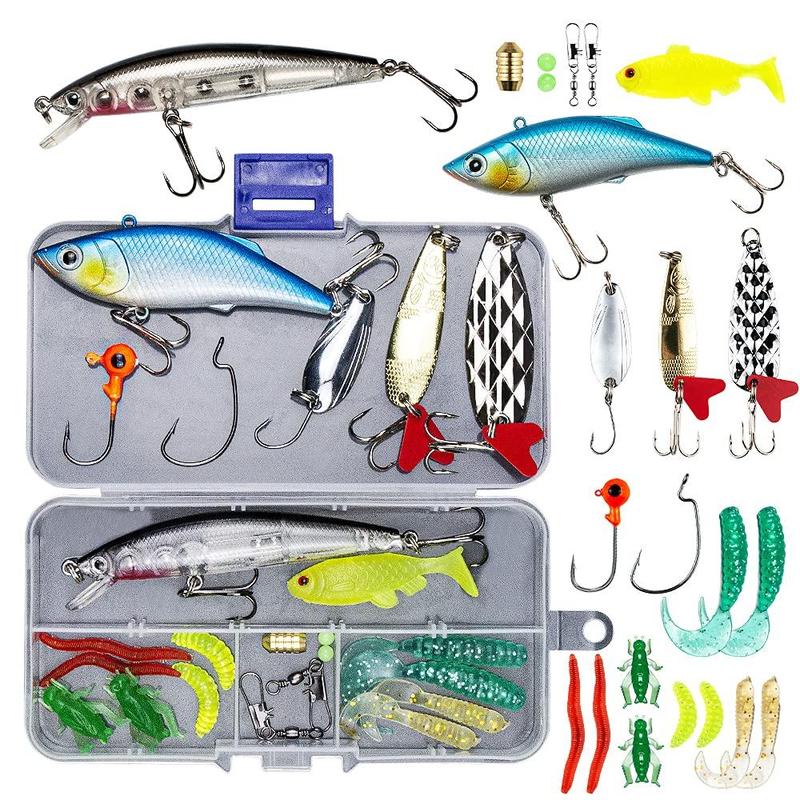 Fishing Lure Kit, 24pcs set Realistic Fishing Lures Tackle Box, Includes Spoon Lures Soft Plastic Worms Crankbait Jigs Fishing Hooks for Flyfishing, Solocamping