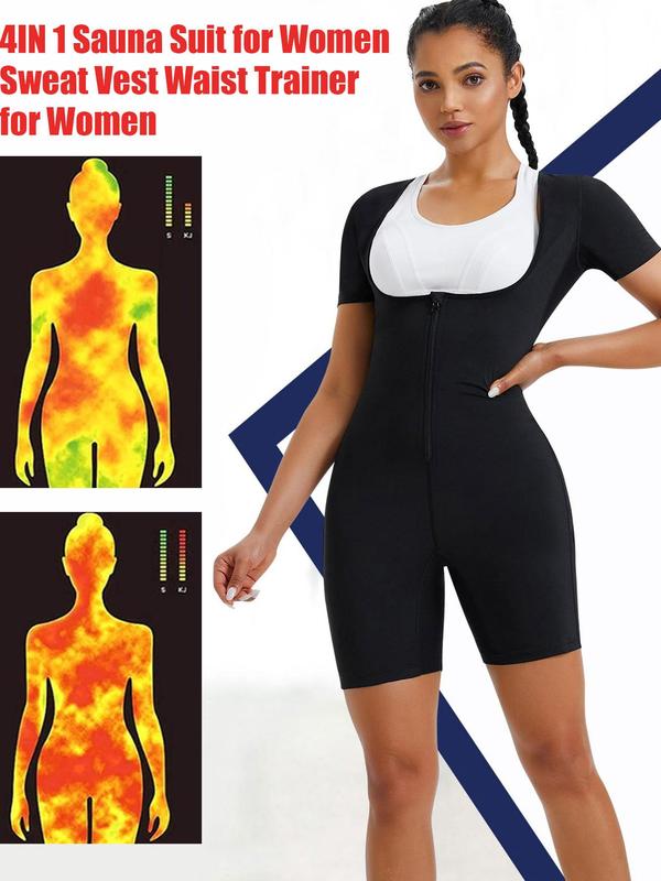 Women's Plain Zip Front Open Bust Back To School Sports Tummy Control Romper, Workout Gym Yoga Exercise Short Sleeve Zip Up Sports Romper, Ladies Sportswear Clothing for Indoor Outdoor Wear, Minimalistic Outfit