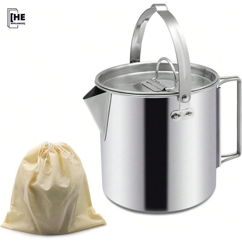 [HE appliances]  Camping Tea Kettle, Portable 1.2L Coffee Pot, Outdoors Camping Pot, With Handles And With Lids For Camping Hiking Picnic Camping, Backpacking, Silver