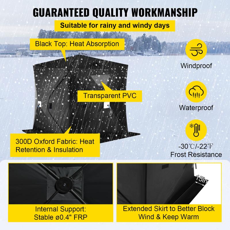 VEVOR 2-3 Person Ice Fishing Shelter Tent, 300D Oxford Fabric Portable Ice Shelter with Pop-up Pull Design, Strong Waterproof and Windproof Ice Fish Shelter for Outdoor Fishing, Black