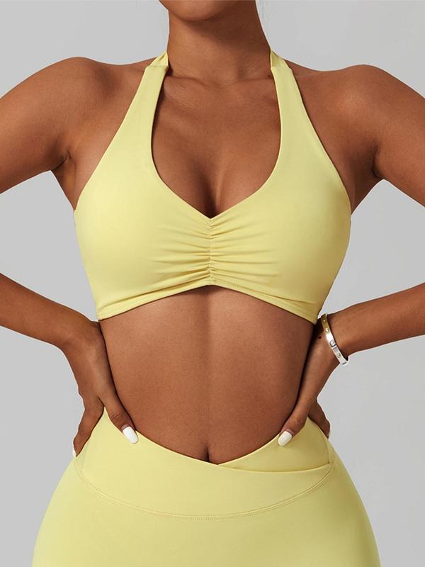 Women's Solid Ruched Halter Neck Sports Bra, Fall Outfits, Fallfreshness Sporty Breathable Wireless Sports Bra for Yoga Gym Workout, Ladies Sportswear Clothing for All Seasons, Fall Clothes