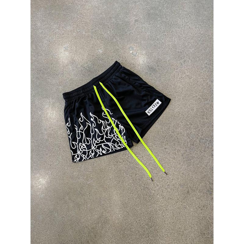 [Kill Crew] Muay Thai Shorts Flame - Black   White, Unisex, Mid Thigh Cut, Pockets, Gym Shorts, Elastic Waistband, Long drawcord with wax tips