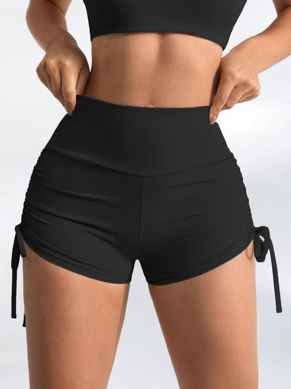 Women's Solid Ruched Drawstring Sports Shorts, Gym Shorts, Sporty Comfy Breathable High Waist Skinny Shorts, Ladies Summer Sportswear for Yoga Gym Workout Running