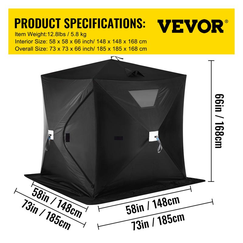 VEVOR 2-3 Person Ice Fishing Shelter Tent, 300D Oxford Fabric Portable Ice Shelter with Pop-up Pull Design, Strong Waterproof and Windproof Ice Fish Shelter for Outdoor Fishing, Black