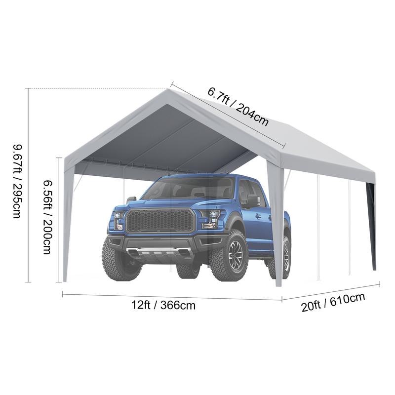 VEVOR Carport Replacement Canopy Cover 12 x 20 ft, Garage Top Tent Shelter Tarp Heavy-Duty Waterproof & UV Protected, Easy Installation with Ball Bungees,Grey (Only Top Cover, Frame Not Include)