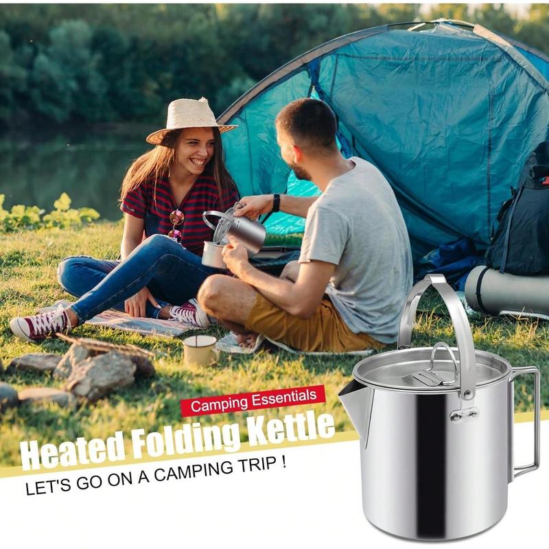 [HE appliances]  Camping Tea Kettle, Portable 1.2L Coffee Pot, Outdoors Camping Pot, With Handles And With Lids For Camping Hiking Picnic Camping, Backpacking, Silver