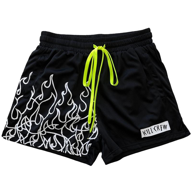 [Kill Crew] Muay Thai Shorts Flame - Black   White, Unisex, Mid Thigh Cut, Pockets, Gym Shorts, Elastic Waistband, Long drawcord with wax tips