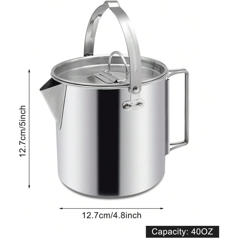 [HE appliances]  Camping Tea Kettle, Portable 1.2L Coffee Pot, Outdoors Camping Pot, With Handles And With Lids For Camping Hiking Picnic Camping, Backpacking, Silver