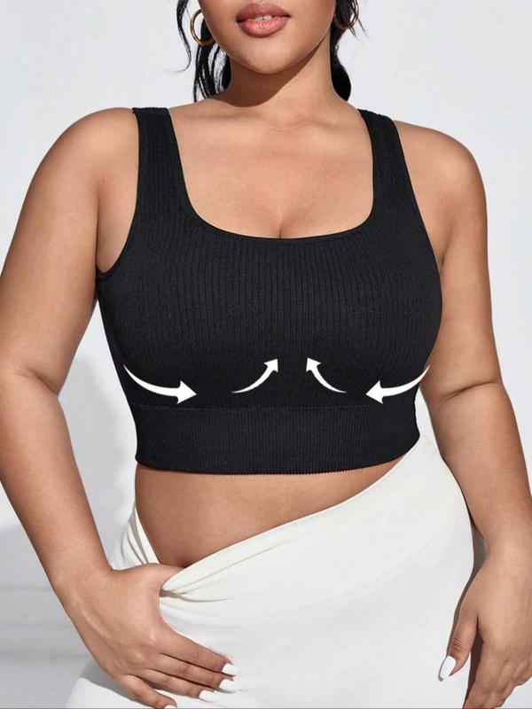 Plus Size Cut Out Square Neck Sports Bra, Breathable Comfy Solid Yoga Bras, Women's Plus Workout Crop Tank Top for Summer, Fall Clothes