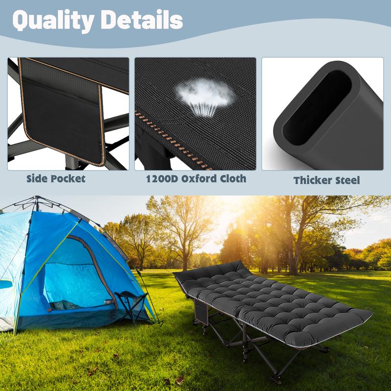 Naudacaa Folding Camping Cot W Mat for Adults, Heavy Duty Outdoor Bed with Carry Bag,1200 D Layer Oxford Travel Camp Cots (Black Cot with Black Cotton Pad)