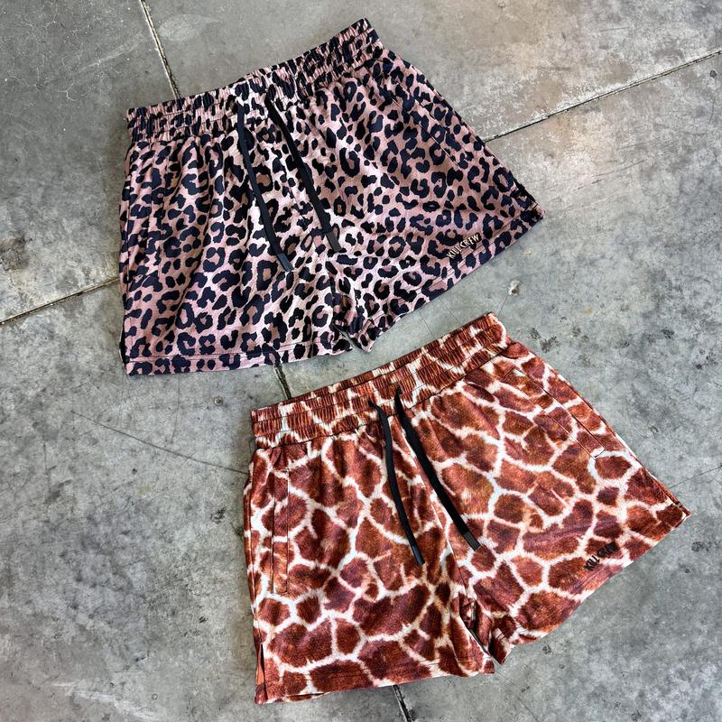 [Kill Crew] Muay Thai Shorts Logo - Leopard, Unisex, Mid Thigh Cut, Pockets, Gym Shorts, Elastic Waistband, Long drawcord with wax tips