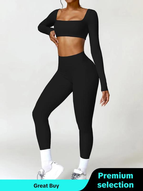 Two-Piece Set Women's Solid Square Neck Crop Top & Ruched High Waist Leggings Tracksuit Set, Fall Outfits, Fall Clothing, Fallfreshness Sporty Breathable Comfy Outfits for Yoga Gym Workout Running, Ladies Sportswear for Fall, 90s Clothes Fall Outfits