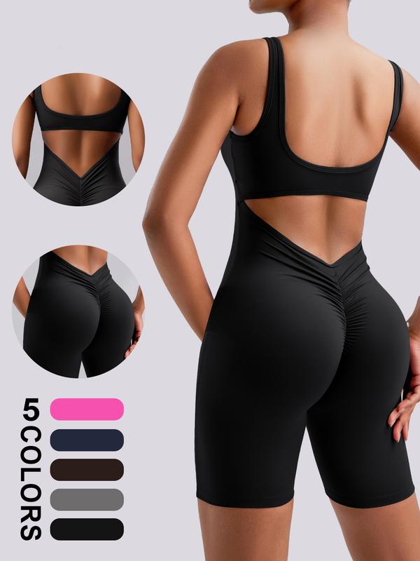 TIMEOFF Women's Ruched Cut Out Backless SportsRomper Sporty Clothes Women Solid SleevelessScoop Neck Bodycon Romper High StretchSeamless Yoga JumpsuitSummer RompersLadies Sportswear for Indoor Outdoor Wear