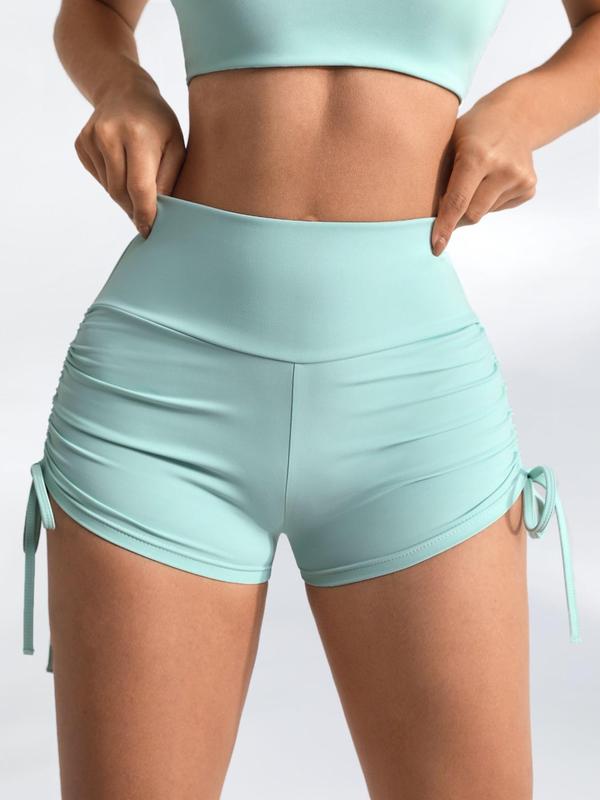 Women's Solid Ruched Drawstring Sports Shorts, Gym Shorts, Sporty Comfy Breathable High Waist Skinny Shorts, Ladies Summer Sportswear for Yoga Gym Workout Running