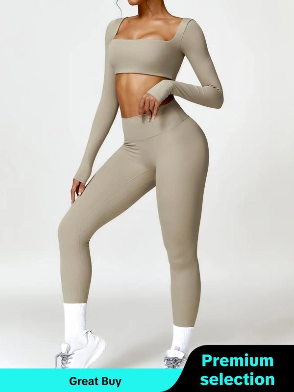 Two-Piece Set Women's Solid Square Neck Crop Top & Ruched High Waist Leggings Tracksuit Set, Fall Outfits, Fall Clothing, Fallfreshness Sporty Breathable Comfy Outfits for Yoga Gym Workout Running, Ladies Sportswear for Fall, 90s Clothes Fall Outfits