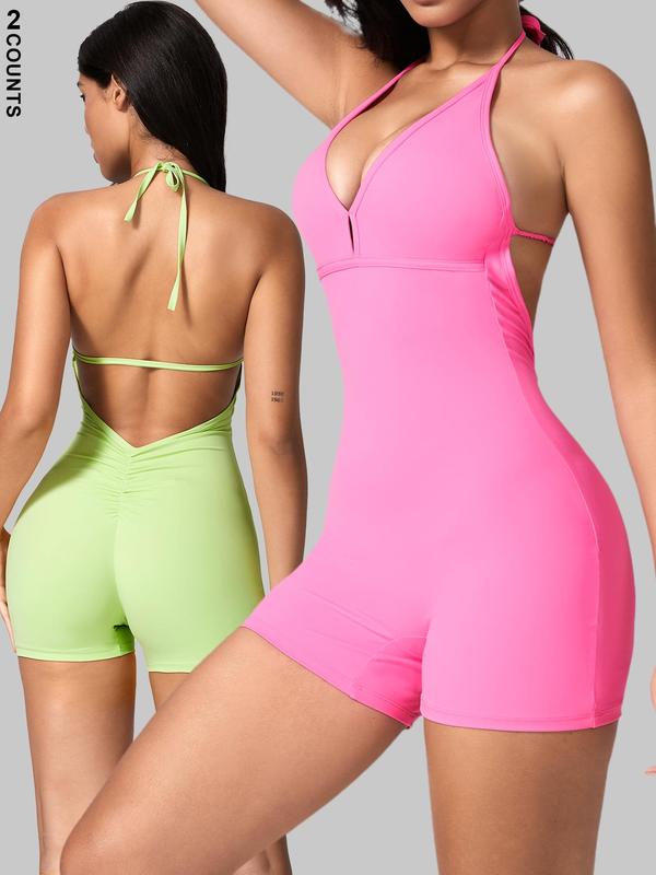 Women's Solid Cut Out Ruched Halter Sports Romper, Sporty Tie Back Sleeveless Romper for Yoga Gym Workout, Ladies Sportswear for All Seasons