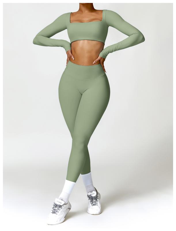 Women's 2 Piece Workout Set - Long Sleeve Square Neck Crop Top and High Waist Leggings for Yoga and Gym