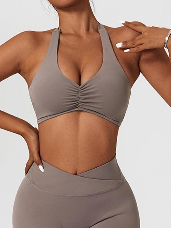 Women's Solid Ruched Halter Neck Sports Bra, Fall Outfits, Fallfreshness Sporty Breathable Wireless Sports Bra for Yoga Gym Workout, Ladies Sportswear Clothing for All Seasons, Fall Clothes