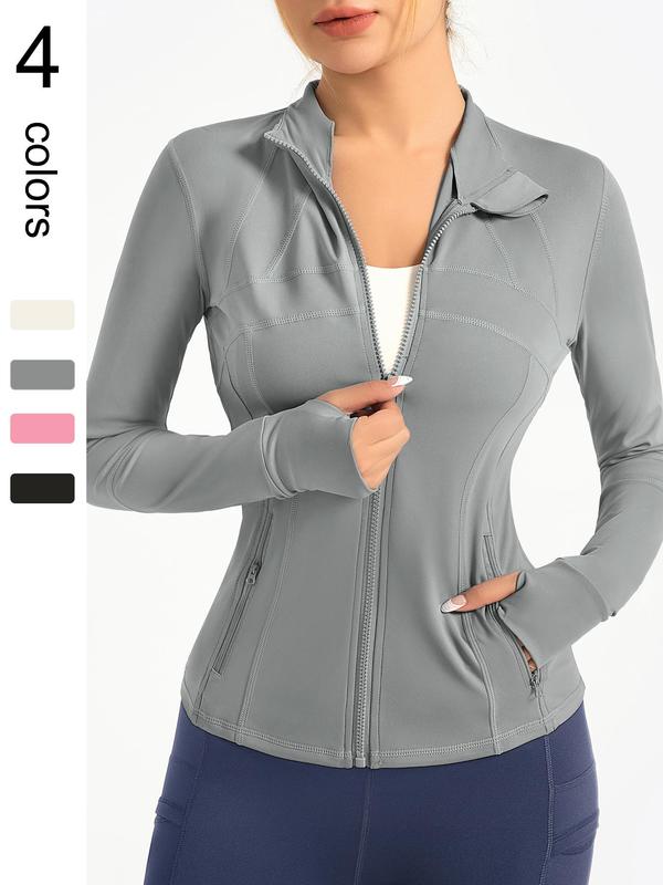 Women's Solid Zip Up Pocket Sports Jacket, Long Sleeve Stand Collar Outerwear for Yoga Gym Workout, Ladies Sportswear for All Seasons