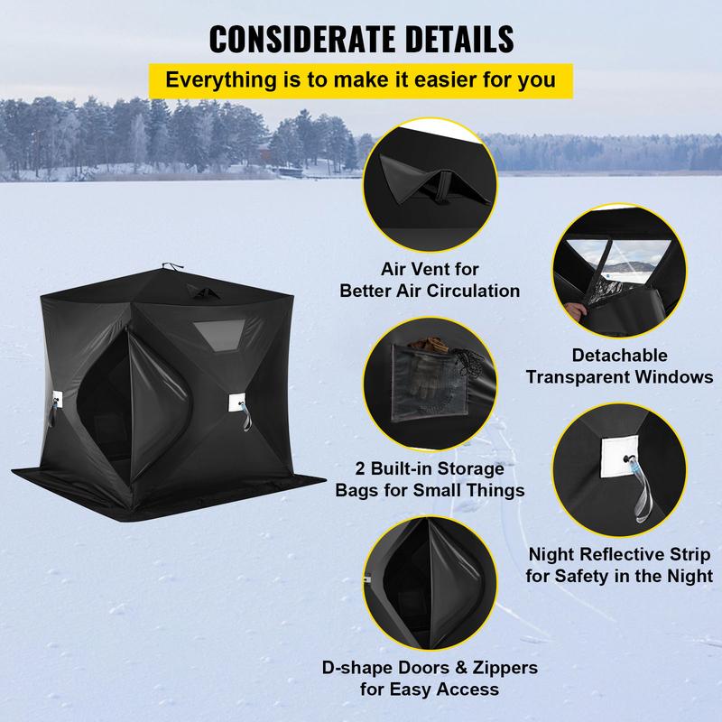 VEVOR 2-3 Person Ice Fishing Shelter Tent, 300D Oxford Fabric Portable Ice Shelter with Pop-up Pull Design, Strong Waterproof and Windproof Ice Fish Shelter for Outdoor Fishing, Black