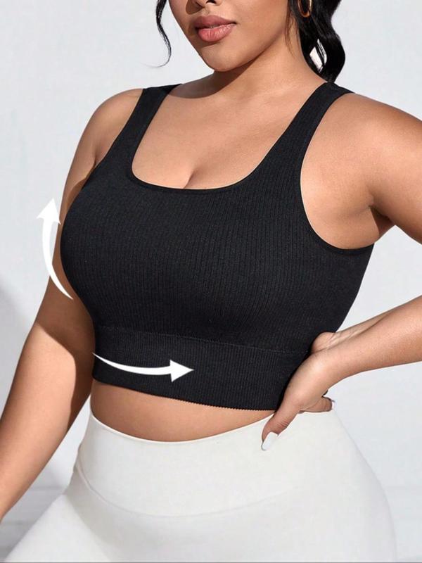 Plus Size Cut Out Square Neck Sports Bra, Breathable Comfy Solid Yoga Bras, Women's Plus Workout Crop Tank Top for Summer, Fall Clothes